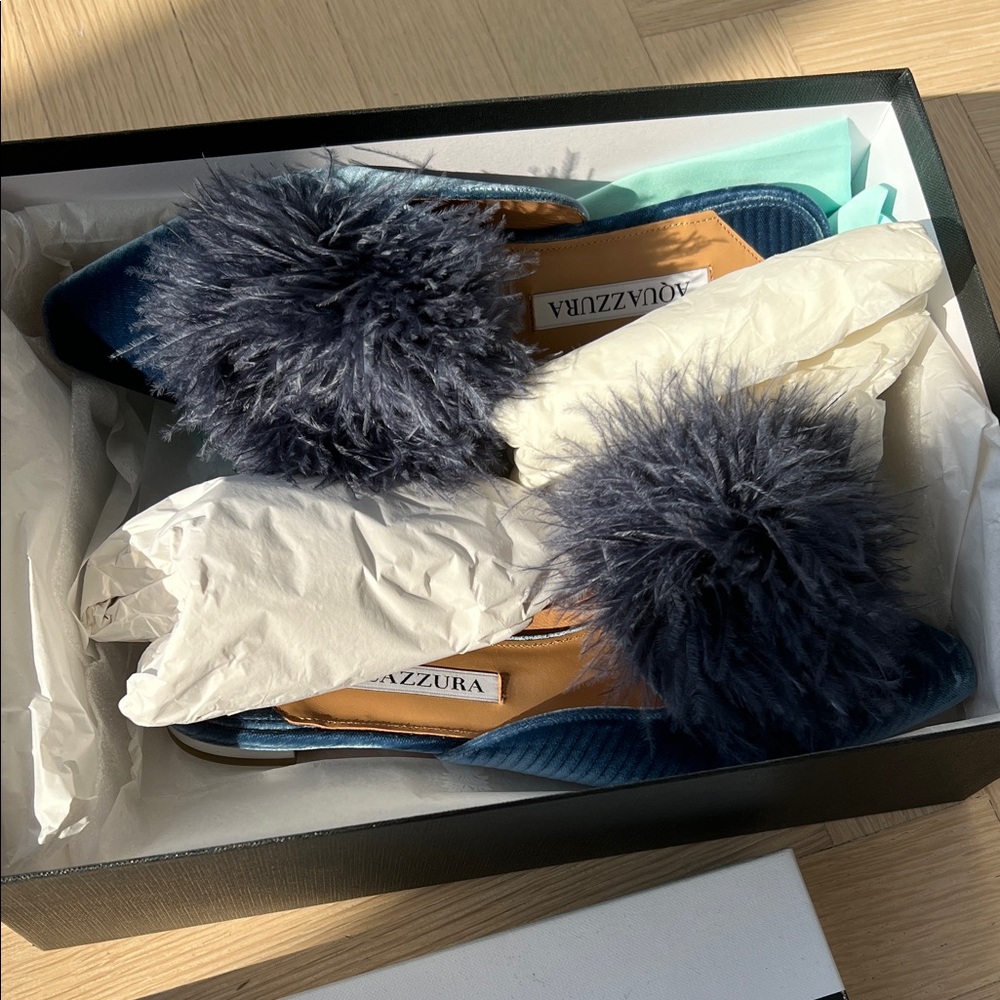 Aquazzura Navy Velvet Pom Pom Loafers